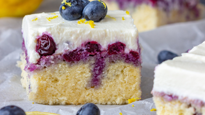 Blueberry poke cake slice