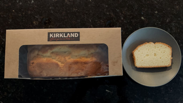 Kirkland Signature All-Butter Pound Cake slice on a plate next to package
