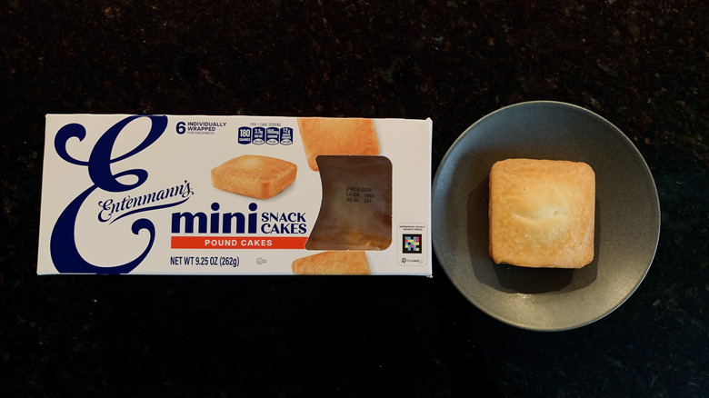 Entenmann's Pound Cake Snacks unwrapped cake on a plate next to package