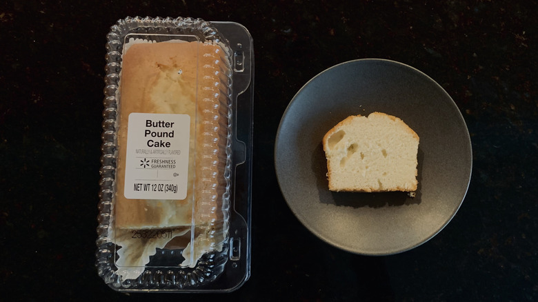 Walmart's Freshness Guaranteed Pound Cake slice on a plate next to packaged loaf