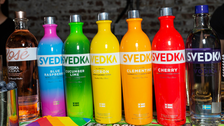 Line of different Svedka vodka bottles 