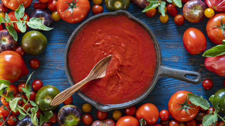 Pan of tomato sauce surrounded by fresh tomatoes.