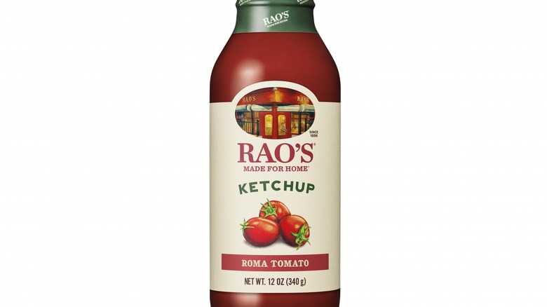 Close-up of a bottle of Rao's Roma Tomato ketchup on white background