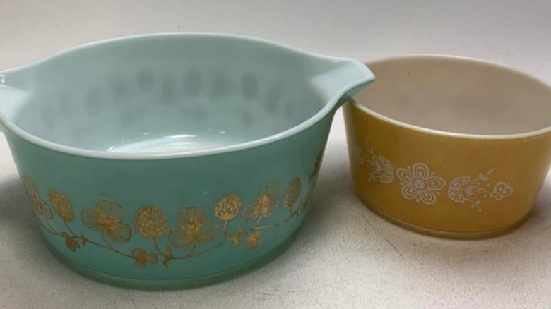 Turquoise and goldenrod Pyrex Clover Berry Cinderella Casserole dishes