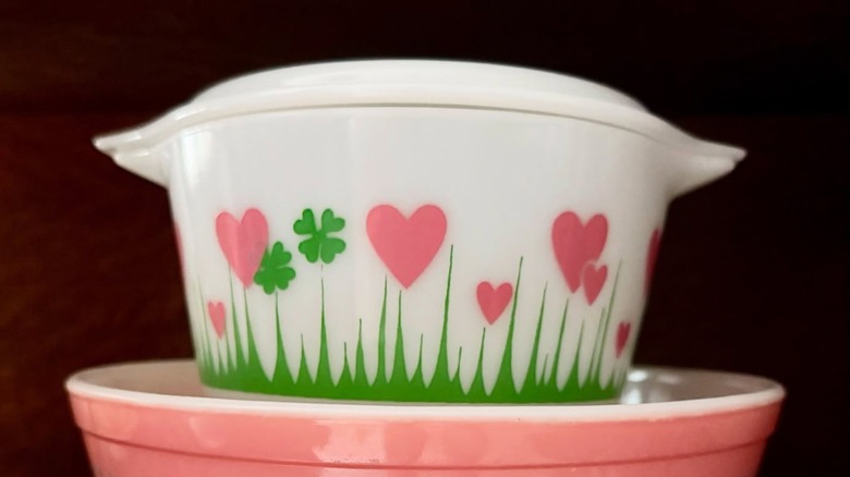 A white Lucky In Love Casserole made by Pyrex