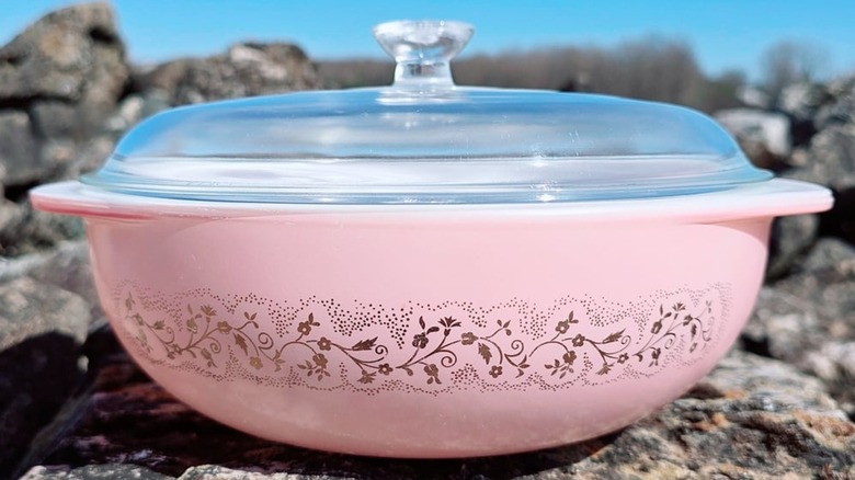 A pale pink Pyrex Pink Duchess casserole dish