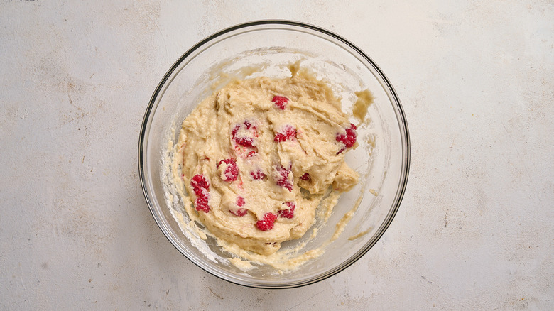 raspberries mixed into muffin batter