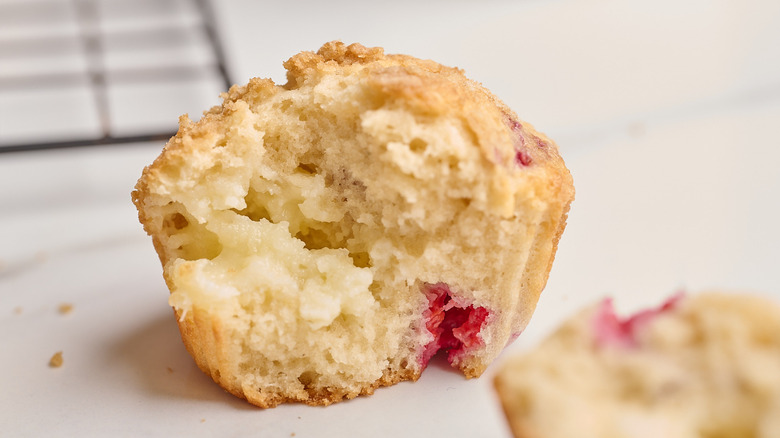 muffin cut in half on a table