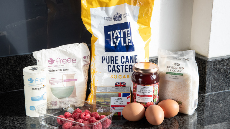 raspberry cake ingredients on counter 
