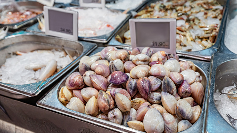 Fresh raw clams in fish market