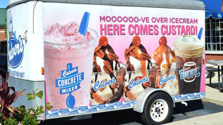 A parked trailer advertising Culver's desserts and drinks
