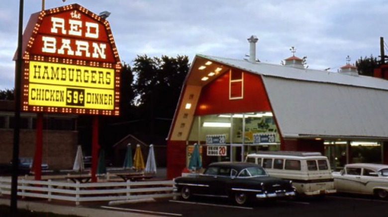 A Red Barn Restaurant next to its sign
