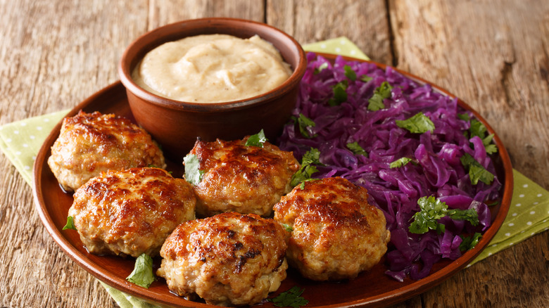 plate of Danish meatballs (Frikadeller) served with Rødkål