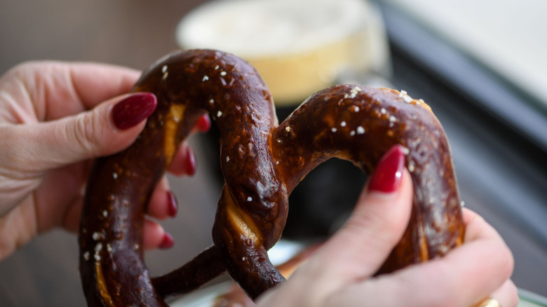 soft pretzel with beer at a brewery