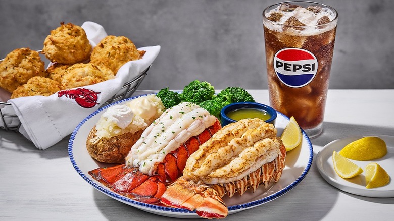 Red Lobster lobster meal with pepsi and biscuits