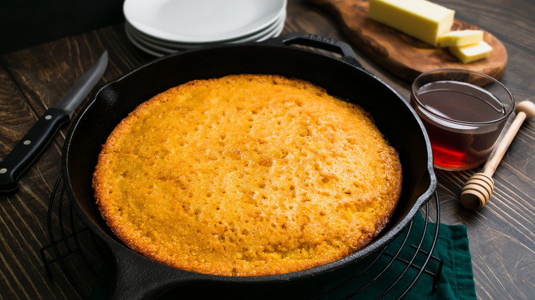 Closeup of skillet cornbread on a table