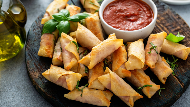 A plate of wonton wrapper mozzarella sticks