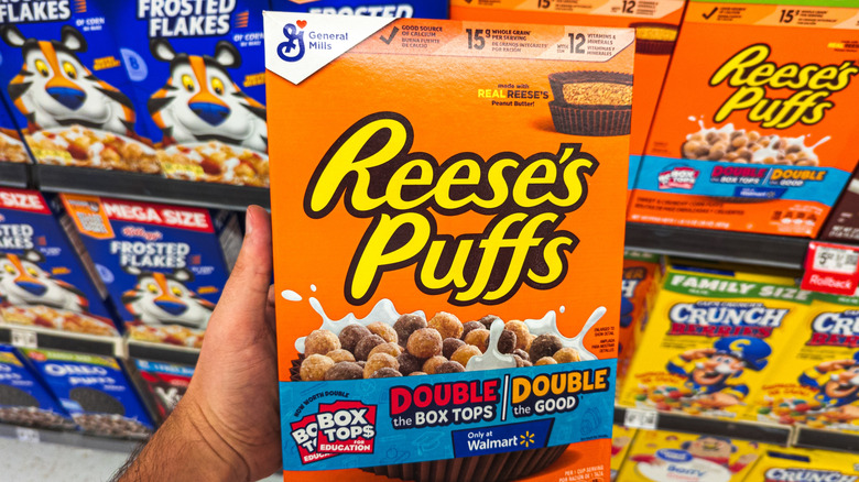 Person holding Reese's Puffs box.
