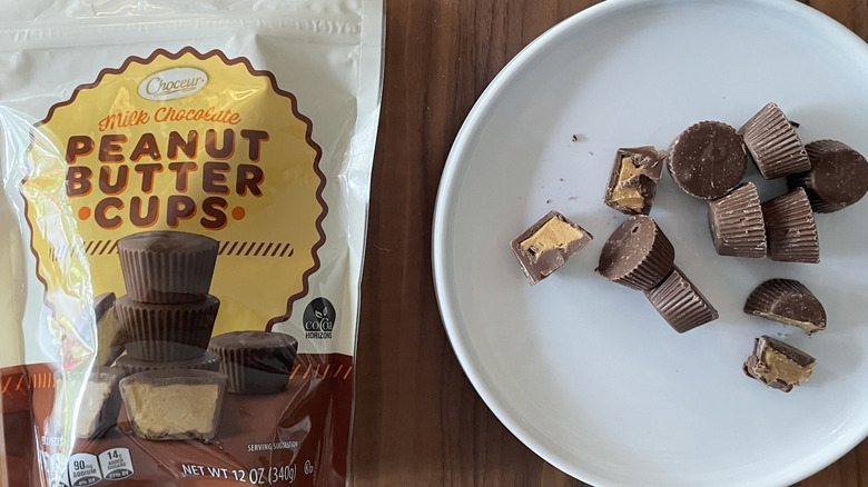Aldi peanut butter cups on a plate and in a bag