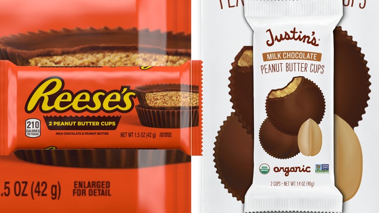 Side-by-side comparison of Reese's and Justin's milk chocolate peanut butter cups.