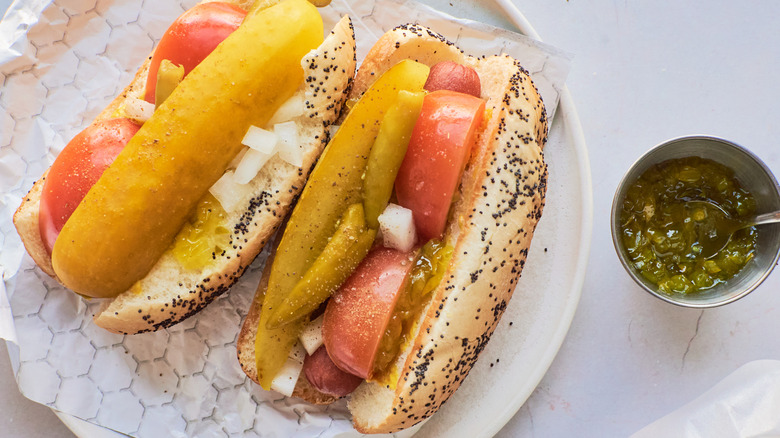 Chicago-style hot dogs with relish