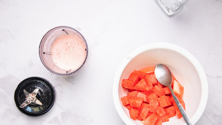 Blended watermelon juice in blender.