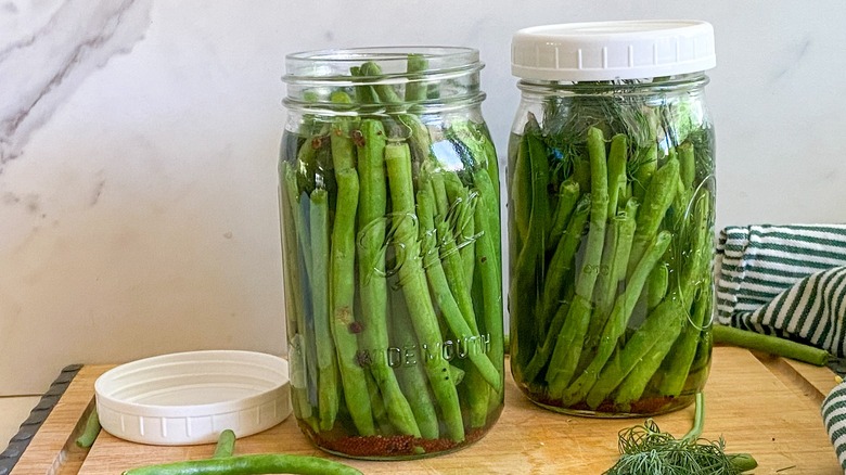 dilly beans in glass jars