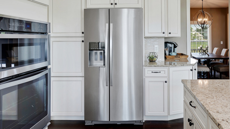 woman's hand opening a stainless steel fridge door