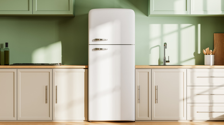 Vintage shaped white refrigerator in sage green kitchen
