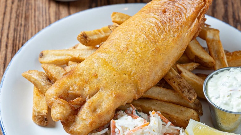 Plate of fish and chips with tartar sauce