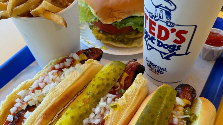 Tray with three hot dogs, hamburger, fries, and Ted's soda cup