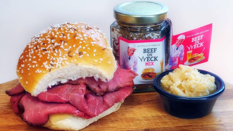 Beef on weck with roll topping mix and horseradish