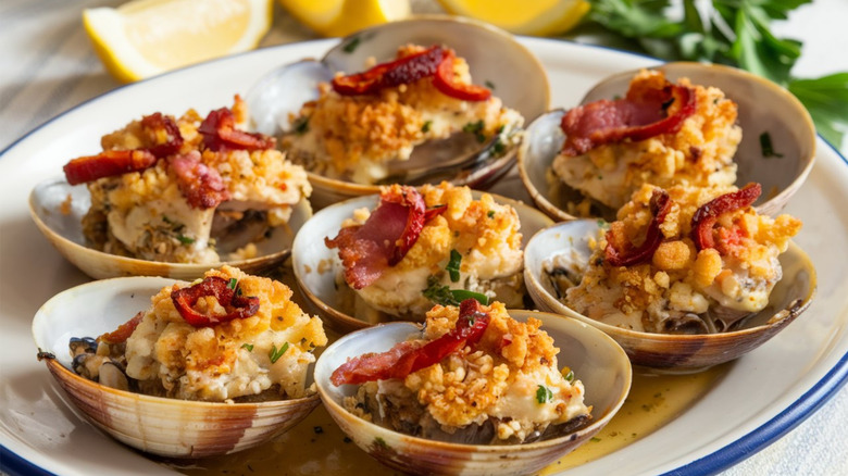 Clams casino served on white plate with lemon wedges