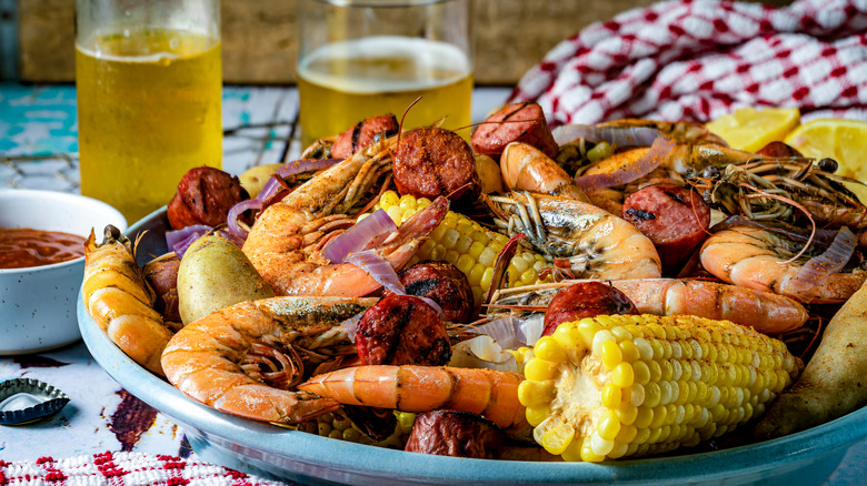 Frogmore stew served on blue platter