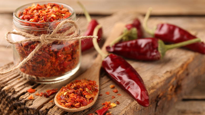 chili flakes and peppers