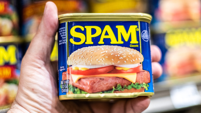hand holding can of spam