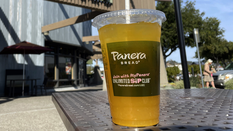 Panera drink cup outside restaurant 