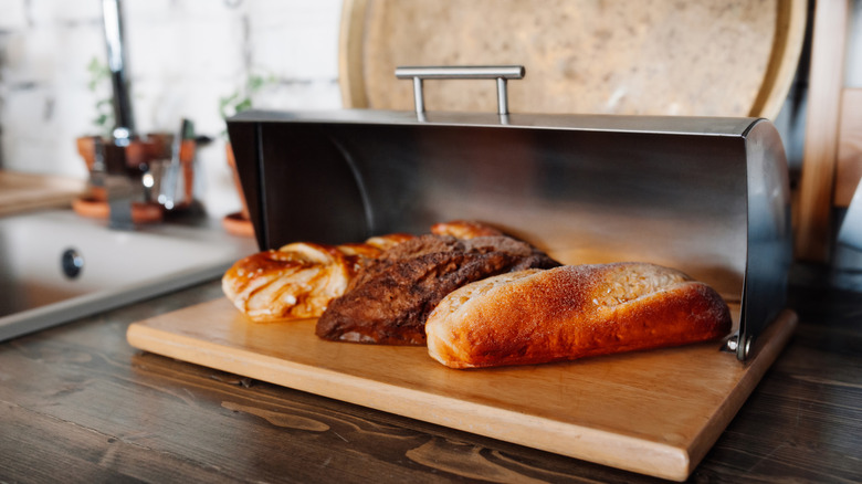 Loaves of bread in a bread box