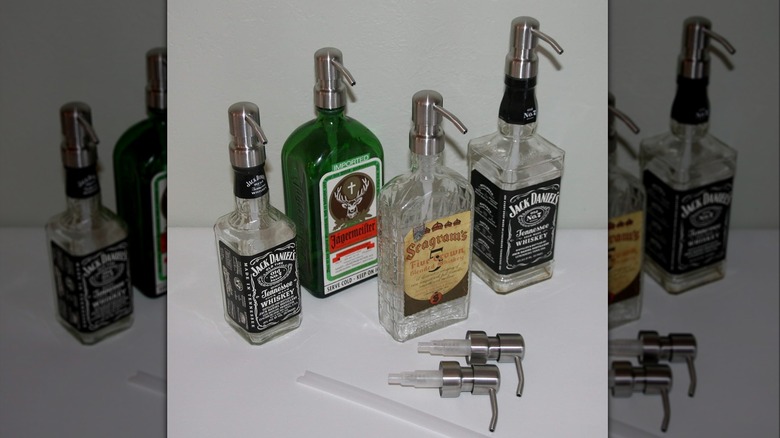 Soap dispensers made from an array of repurposed liquor bottles