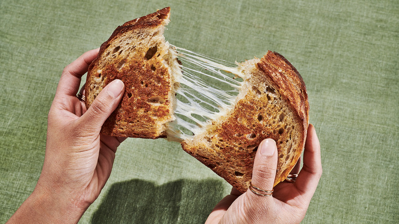 Person pulling apart Starbucks' grilled cheese sandwich