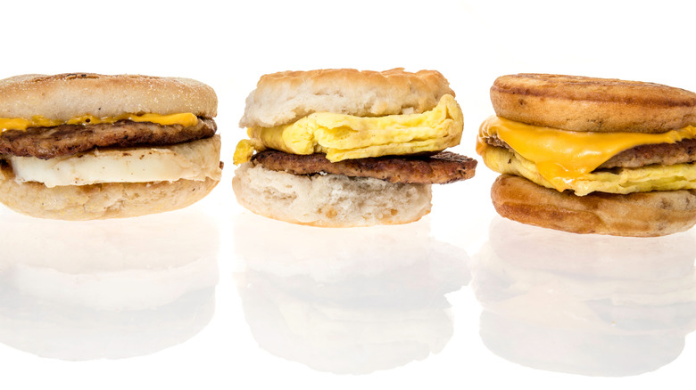 A McDonald's Sausage, Egg & Cheese McMuffin, Breakfast Biscuit, and McGriddle