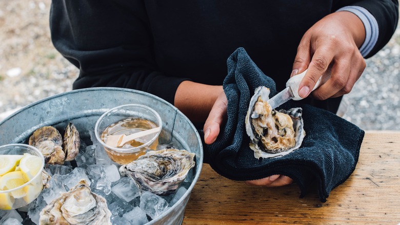 Person shucking oyster