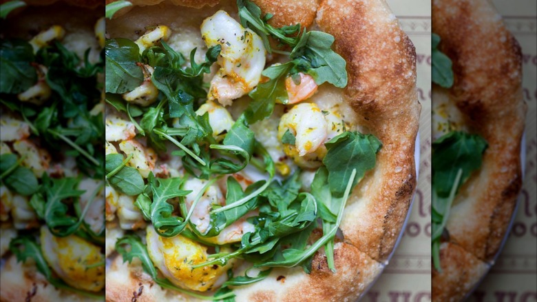 Close-up of seafood pizza