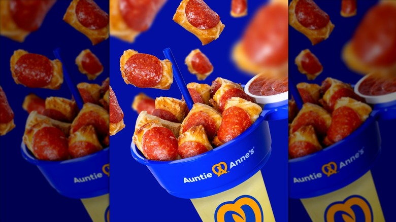 Auntie Anne's pepperoni pretzel bites in blue cup