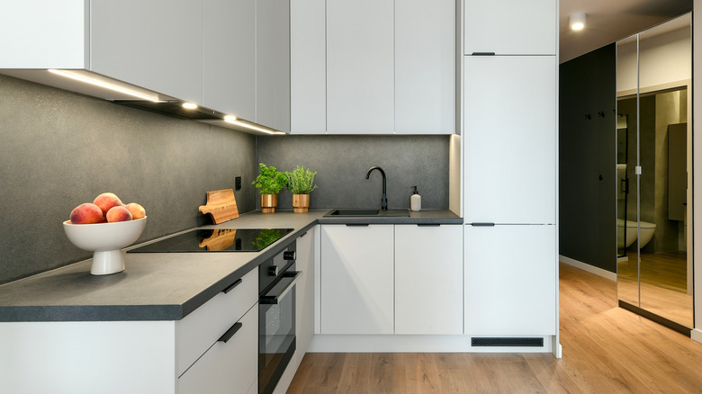 Contemporary kitchen with plinth heater under the cabinets
