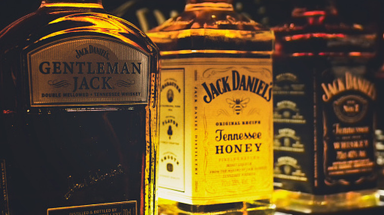 Bottles of various types of Jack Daniel's whiskey sitting on an underlit shelf