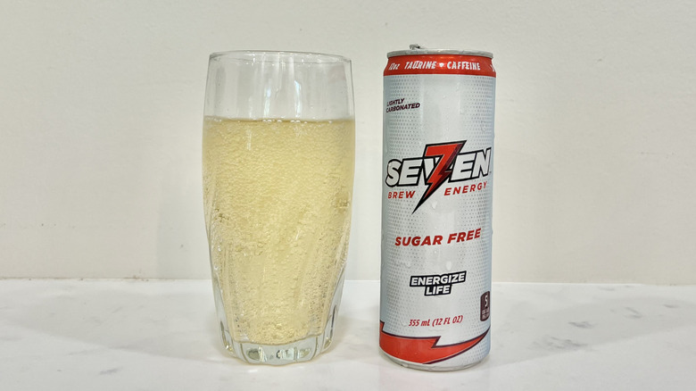7 Brew canned Sugar-Free Energy drink in a glass.