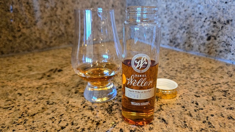 Sample bottle and Glencairn glass of Buffalo Trace Daniel Weller Spelt Wheat