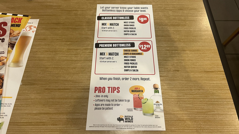 Buffalo Wild Wings bottomless apps menu (back).