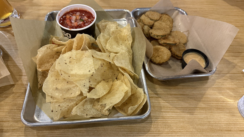Buffalo Wild Wings bottomless apps: fried pickles and chips and salsa.